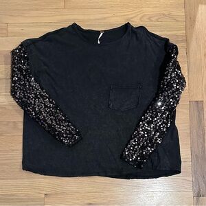 Free People Black Sequin Long Sleeve Tshirt
